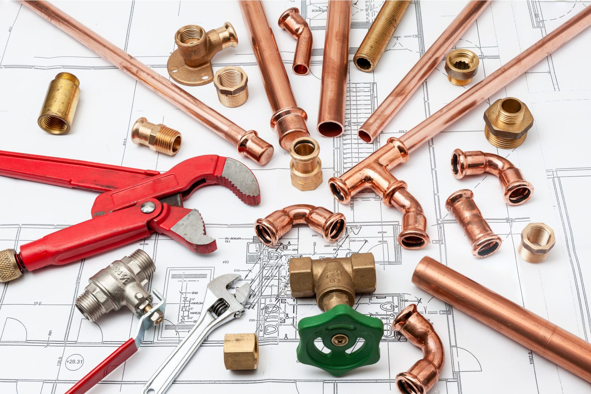 Copper pipes, fittings, valves, and plumbing tools in Kissimmee