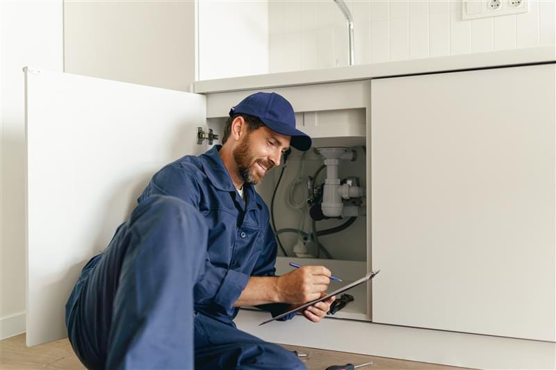 Residential plumber reviewing plumbing repairs in a Kissimmee kitchen