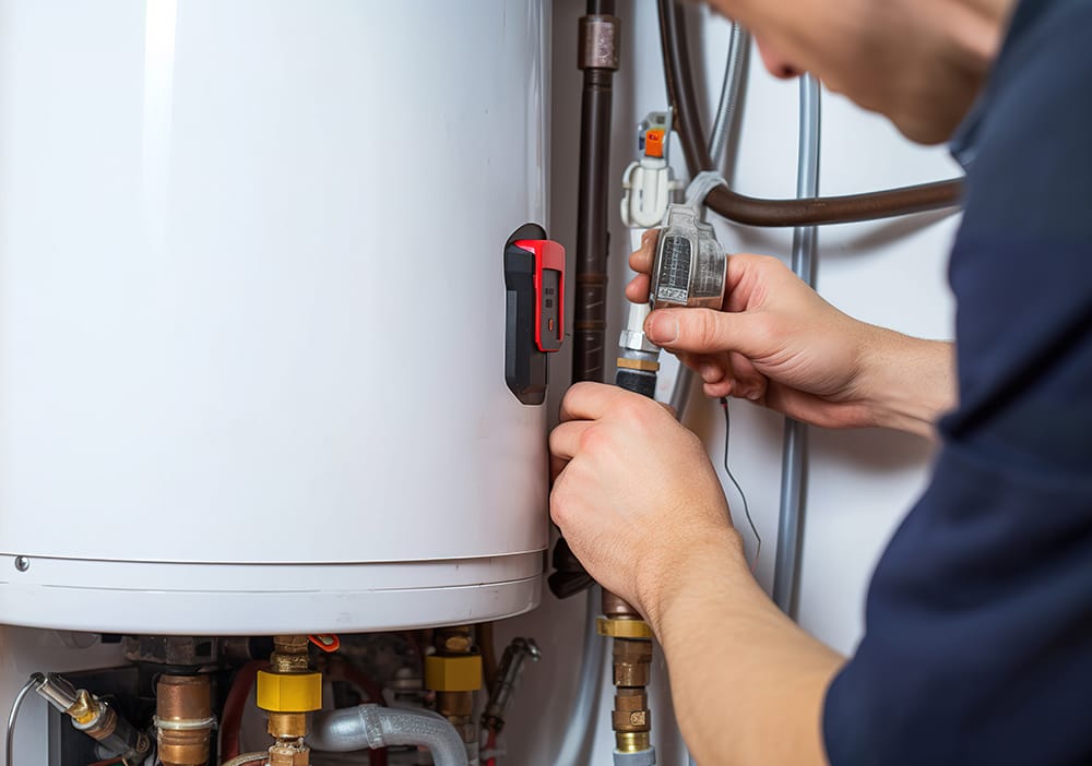 Technician repairing pipes connected to a water heater in Kissimmee